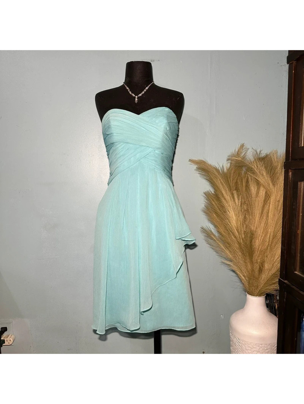 David's Bridal light blue polyester strapless dress with ruffle detail, size 2